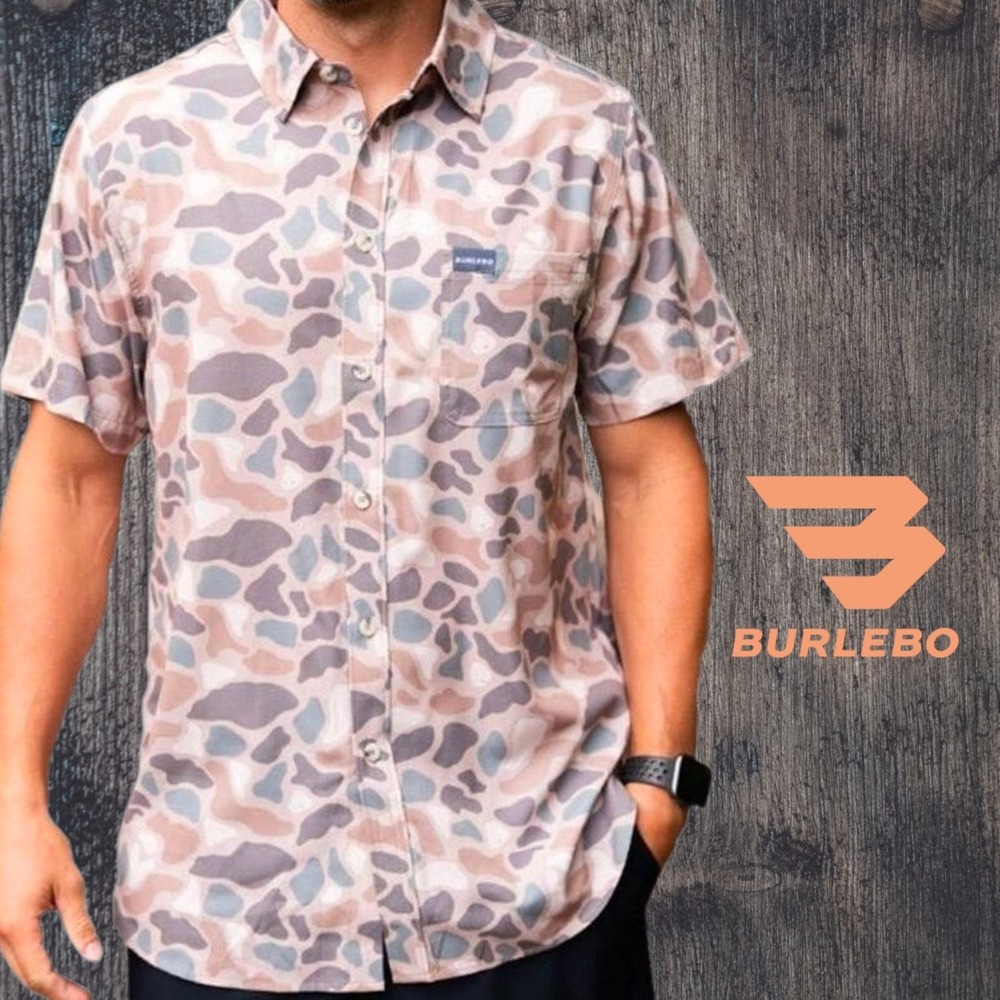 Burlebo Mens Pintail Camo Performance Short Sleeve Button Down Tan L